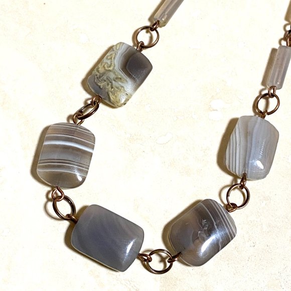 Geometric Banded Agate Necklace, Rustic Genuine Gemstone Copper Link Necklace - Picture 5 of 11
